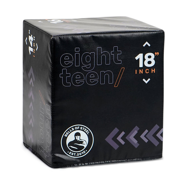 The Bells of Steel 6-In-1 Soft Foam Plyo Box / Squat Box is a black, cube-shaped exercise box with "eighteen" and "18 inch" size markings—perfect for versatile, space-saving workouts.