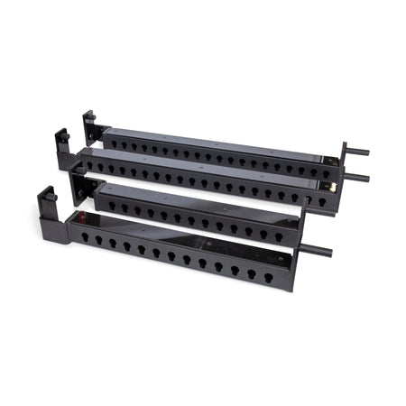 Three Bells of Steel Flip-Down Safeties, designed for use with a power rack, are arranged parallel on a white background. Each black metal safety arm includes multiple adjustment holes and angled support brackets, ensuring crucial training safety during your workouts.