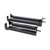 Three Bells of Steel Flip-Down Safeties are displayed side by side on a white background, each black metal piece featuring multiple holes for height adjustment and end brackets to boost power rack training safety.