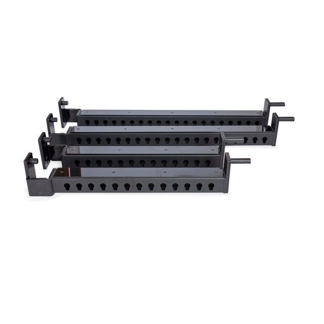 Three black metal Flip-Down Safeties from Bells of Steel are arranged parallel to each other on a white background—perfect for enhancing your power rack setup and prioritizing training safety.