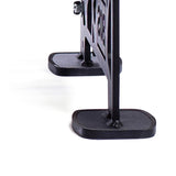 Close-up of the black metal feet on the Bells of Steel Commercial Interchangeable Weight Rack - Components Only, shown against a white background. Sturdy, rectangular feet with rounded edges offer reliable home gym storage support.