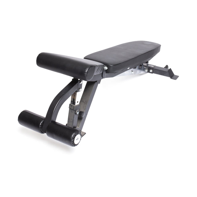 The Bells of Steel Flat / Incline / Decline Weight Bench - Commercial, with a sturdy metal frame and adjustable settings for various exercises, features a black padded seat and leg rollers against a plain white background. It supports up to 000lb capacity.