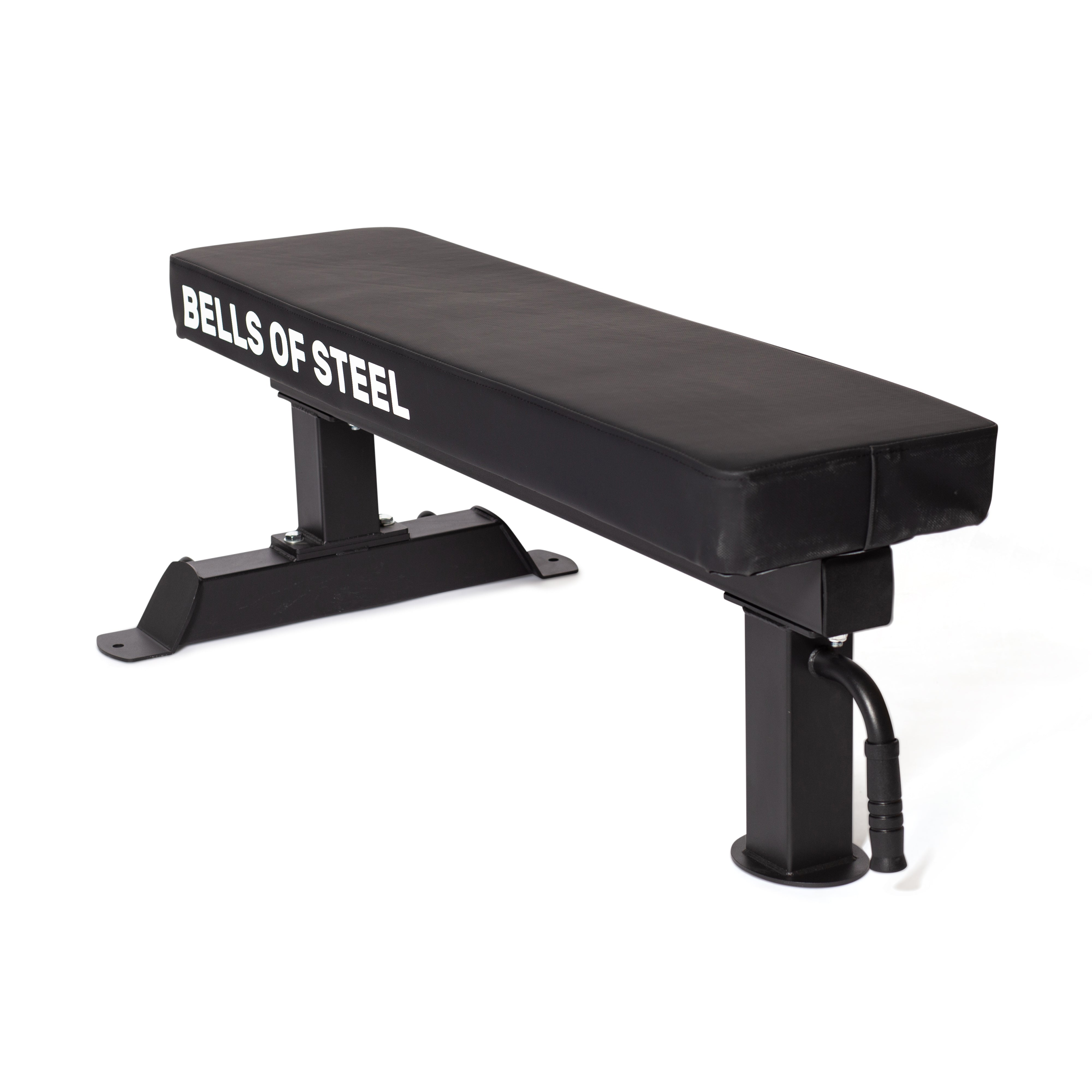 Introducing the Powerlifting Flat Bench by Bells of Steel. This black bench is designed for strength training, featuring a sturdy padded surface and a robust steel frame capable of supporting up to 1,000 lb for all your weightlifting needs.