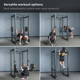 Four images display individuals utilizing the Bells of Steel Manticore Flat Foot Power Rack Builder (3" x 3", 1" Holes) for bench press, dumbbell curls, barbell squats, and pull-ups, showcasing the impressive versatility of this home gym rack in a fitness environment.