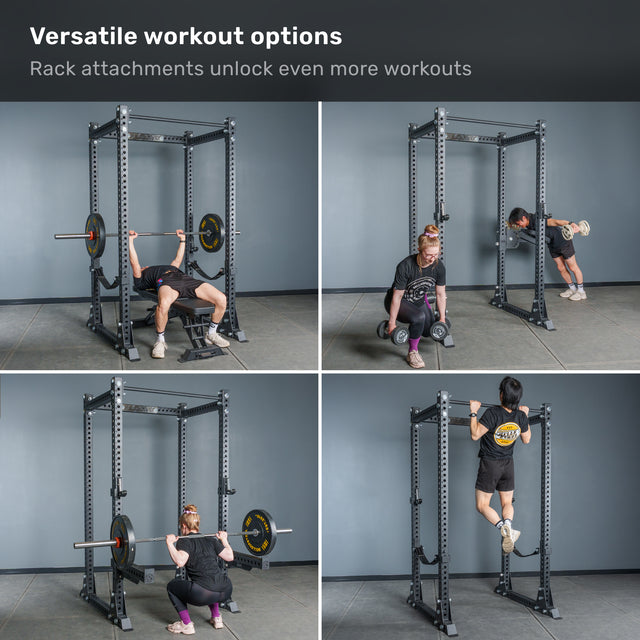 Four individuals showcase various exercises with the Bells of Steel Manticore Flat Foot Power Rack - Prebuilt (3" x 3", 1" Holes), including bench press, dumbbell squats, resistance band deadlifts, and pull-ups. The description highlights the rack’s versatility and attachment options, emphasizing why this power rack is a must-have for any home gym.