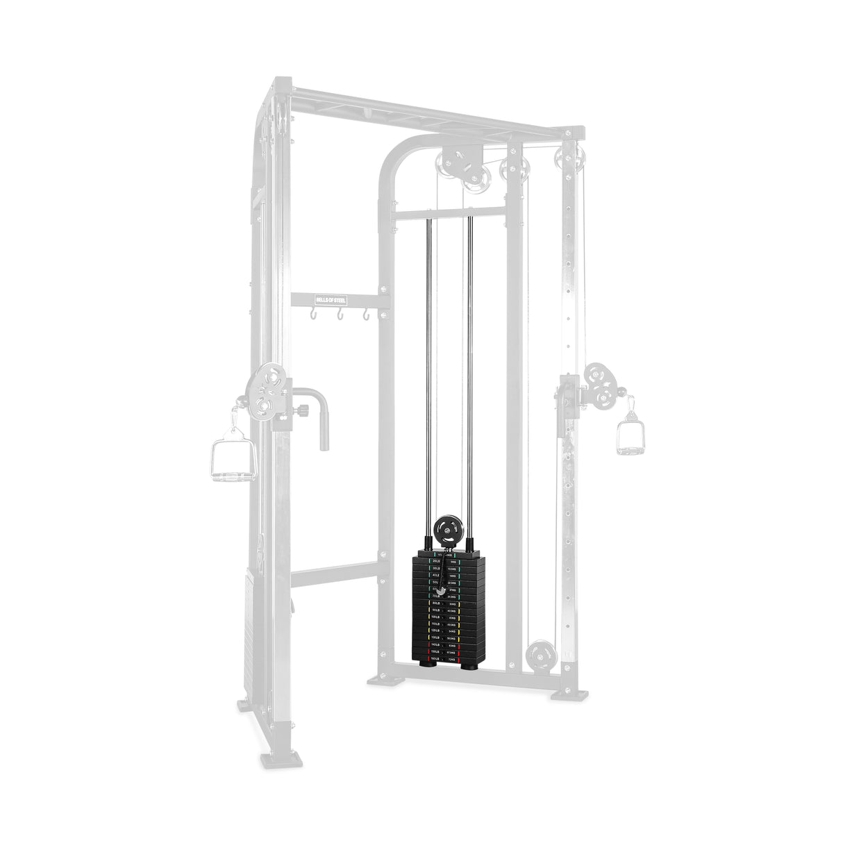 The Bells of Steel Functional Trainer features dual adjustable pulleys, a central weight stack, and handles on both sides. Its partially transparent design ensures clear visibility of the pulleys and weight stack for smooth cable exercises.