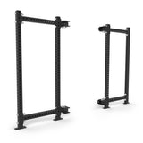 Two Bells of Steel Manticore Folding Power Rack Builder units (3" x 3", 1" holes) are shown on a white background—one from the front, one at an angle—ideal for any home gym.
