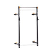 The Bells of Steel Folding Rack 2.3" x 2.3" (5/8" Holes) is ideal for a garage gym or wall-mounted setup, featuring multiple holes for height customization. It includes safety hooks, orange accents on the frame, and supports a robust static weight capacity of 600 pounds, set against a plain white background.