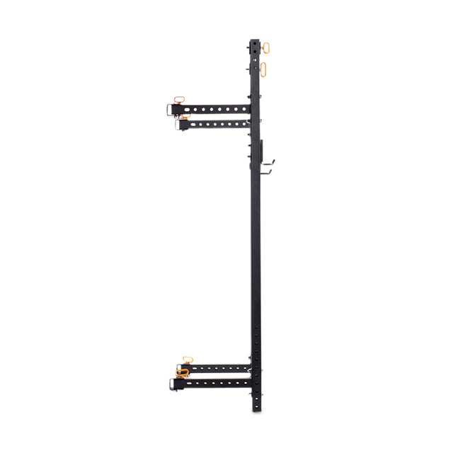 The Bells of Steel Folding Rack 2.3" x 2.3" (5/8" Holes) is a tall, black wall-mounted squat rack with orange handles and multiple adjustment holes—ideal for garage gyms and shown against a white background.