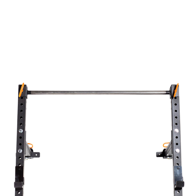 The Bells of Steel Folding Rack 2.3" x 2.3" boasts a robust black frame with adjustable height settings, ideal for a garage gym. It features visible 5/8" bolt holes and orange tension cables, supporting a static weight capacity of up to 600 pounds, all set against a plain white background.