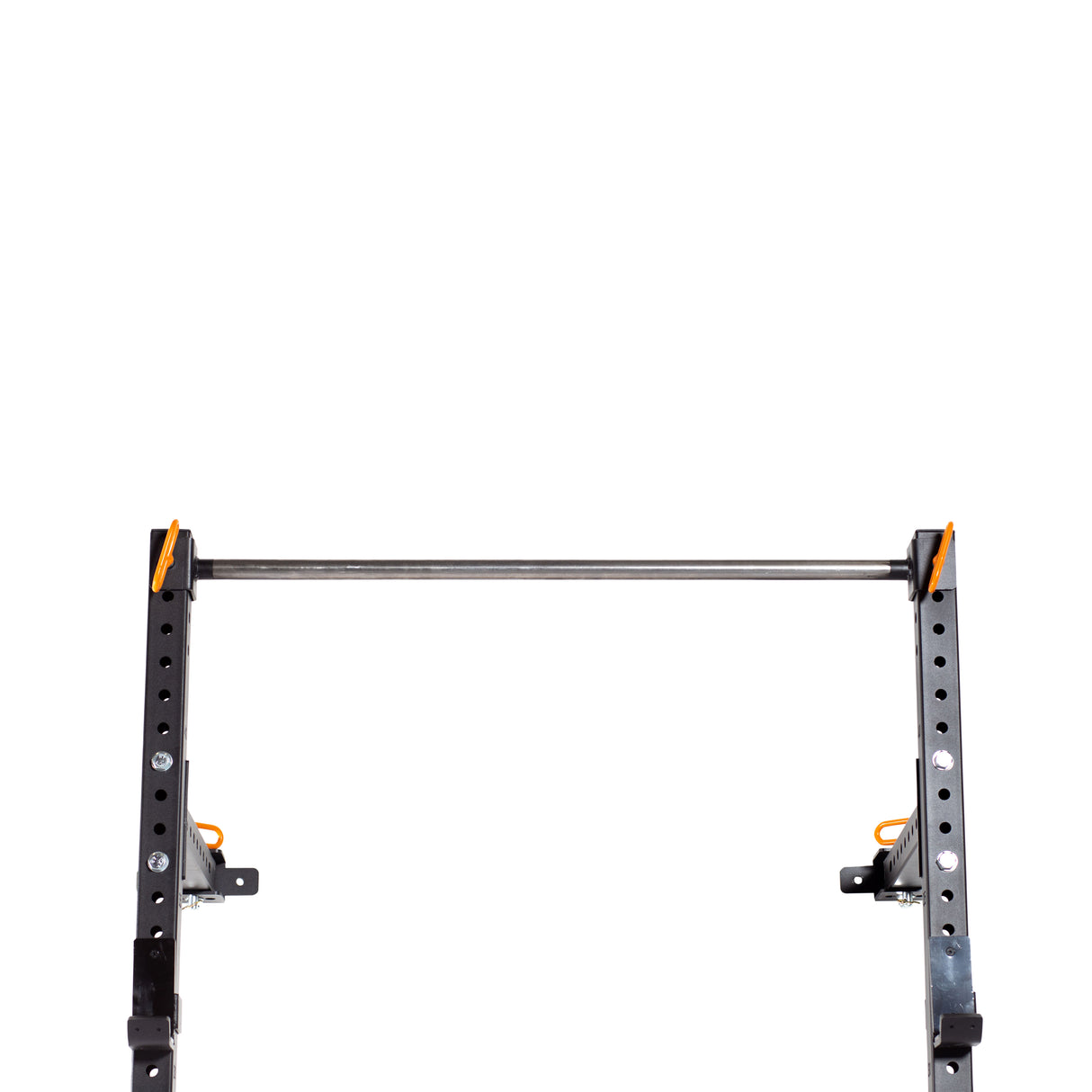 A close-up image in a garage gym against a white background highlights the top portion of the Bells of Steel Folding Rack 2.3" x 2.3", which boasts a static weight capacity of 600 pounds. This black rack is designed with a horizontal metal bar secured between two vertical posts, featuring multiple 5/8" holes and orange accents for adjustable attachments.