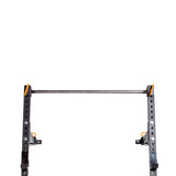 A close-up of the top portion of the Bells of Steel Folding Rack 2.3" x 2.3" (5/8" Holes) with an empty pull-up bar and orange safety clips, wall-mounted against a white background—ideal for any garage gym.
