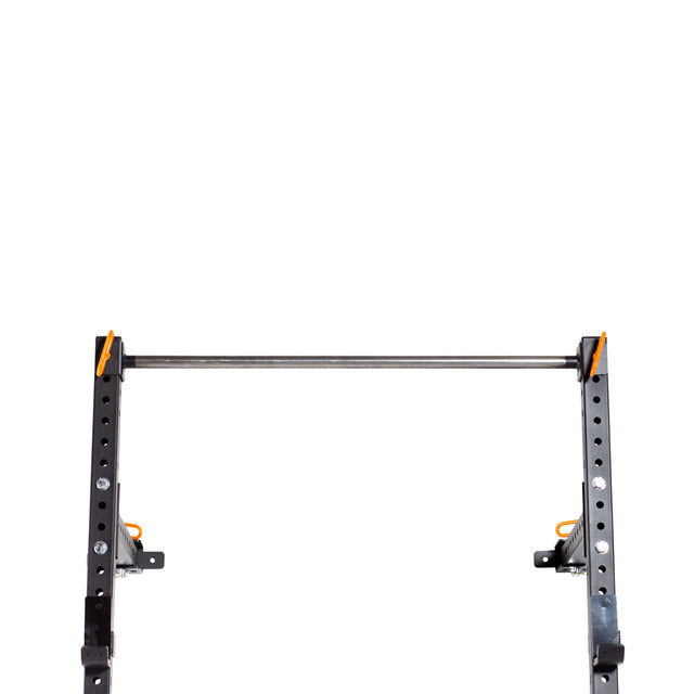 A close-up of the top portion of the Bells of Steel Folding Rack 2.3" x 2.3" (5/8" Holes) with an empty pull-up bar and orange safety clips, wall-mounted against a white background—ideal for any garage gym.