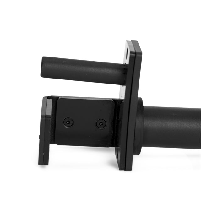 Close-up of the Bells of Steel Pin Plate Pegs, a black metal wall-mounted bracket with a cylindrical holder perfect for organizing weight plates. It features two screws and a rectangular base, making it a sleek addition to any power rack setup. Set against a plain white background for contrast.