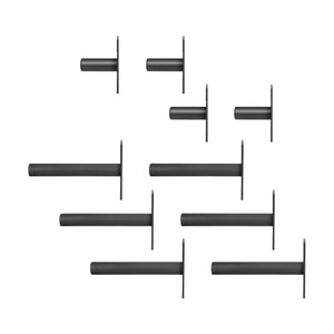 Ten Bells of Steel Bolt-On Plate Peg Sets of different lengths are displayed in two uneven rows on a white background, each peg set oriented horizontally with the mounting plate on the left, resembling power rack weight storage pegs.