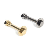 On a white background, two shiny bolts from Bells of Steel Canada's Hydra series are positioned diagonally. One bolt features a metallic gold titanized coating, while the other boasts a sleek metallic silver finish. Both have hexagonal heads and threaded bodies, reminiscent of premium power rack bolts.