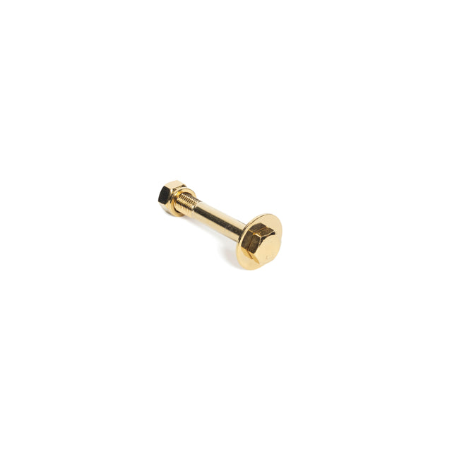 A Bell of Steel Canada gold-colored bolt from the Titanized Bolts for Hydra series is isolated on a white background. It features a flat, circular head with an attached nut, and its metallic surface reflects light, showcasing its polished appearance. Ideal for use in Hydra series power rack bolt assemblies.