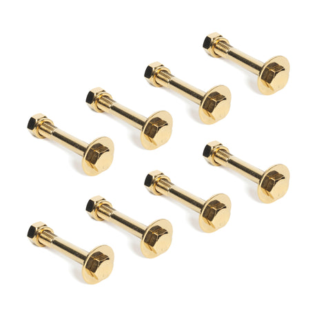 Eight bolts from the Gold / Black Titanized Bolts for Hydra collection by Bells of Steel Canada, complete with washers and hexagonal nuts, are arranged in two staggered rows on a white background. These brass bolts feature a sleek titanized coating for added durability.