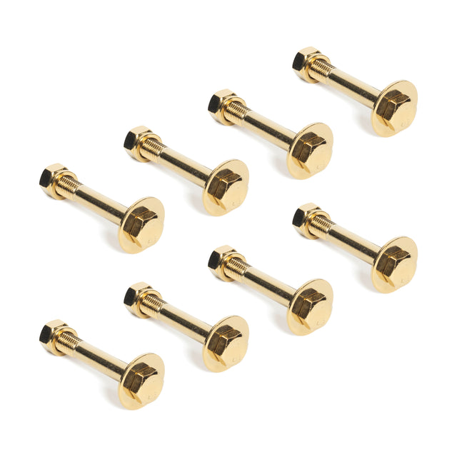 Eight bolts from the Gold / Black Titanized Bolts for Hydra collection by Bells of Steel Canada, complete with washers and hexagonal nuts, are arranged in two staggered rows on a white background. These brass bolts feature a sleek titanized coating for added durability.