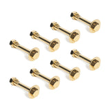 Seven gold/black titanized bolts with hex nuts and washers from Bells of Steel’s Hydra series are neatly arranged on a white background in a slightly staggered pattern.