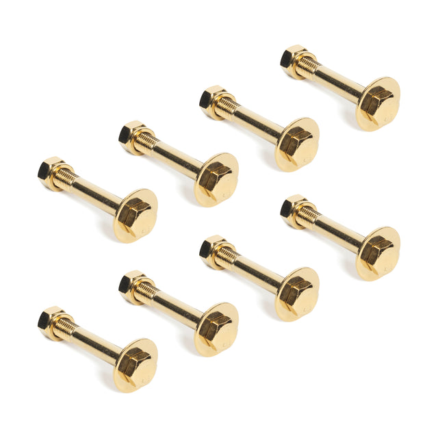 Seven gold/black titanized bolts with hex nuts and washers from Bells of Steel’s Hydra series are neatly arranged on a white background in a slightly staggered pattern.