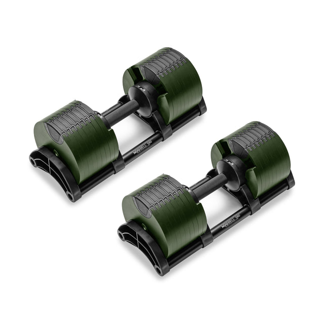 The NÜOBELL Adjustable Dumbbells by Nuobell feature machined steel weight plates in dark green with sleek black handles, set against a white background.