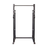 The Hydra Half Rack Builder by Bells of Steel features a sleek black design with modular components, multiple ⅝" hole settings for adjustments, and a pull-up bar. Ideal for weightlifting and strength training, it stands prominently on a white background.