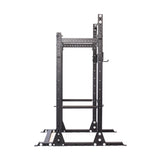 The Bells of Steel Hydra Half Rack - Prebuilt features black metal construction with adjustable support bars and ⅝" holes for height adjustments. Perfect for a home gym, this sturdy rack is designed for weightlifting exercises and stands on a flat base with visible bolts for stability.