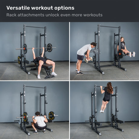Four images show people performing a bench press, bent-over row, hanging leg raises, and pull-ups using the Bells of Steel Manticore Half Rack Builder (3" x 3", 1" Holes). Sturdy 3x3 uprights make this half rack perfect for any home gym, while modular rack attachments unlock even more versatile workout options.