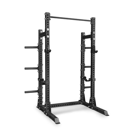 The Manticore Half Rack - Prebuilt (3″ x 3″, 1″ Holes) by Bells of Steel features adjustable hooks, safety bars, and plate storage—ideal for weightlifting and strength training at home.