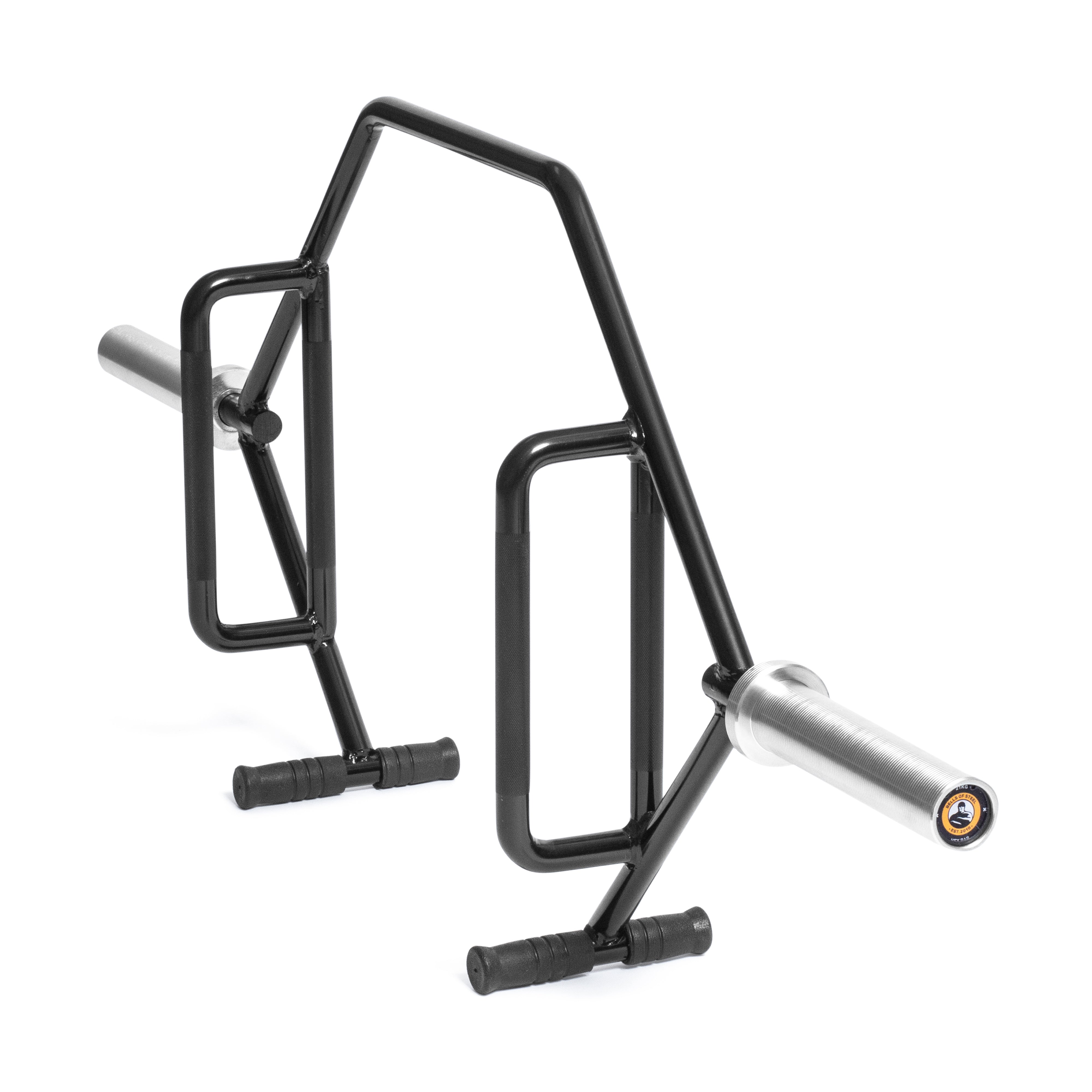 The Bells of Steel Open Trap Bar, also referred to as a Hex Bar, is a stylish black barbell with an innovative open design and rotating sleeves. It includes two grip handles and silver end sleeves, making it ideal for exercises such as deadlifts and shrugs.