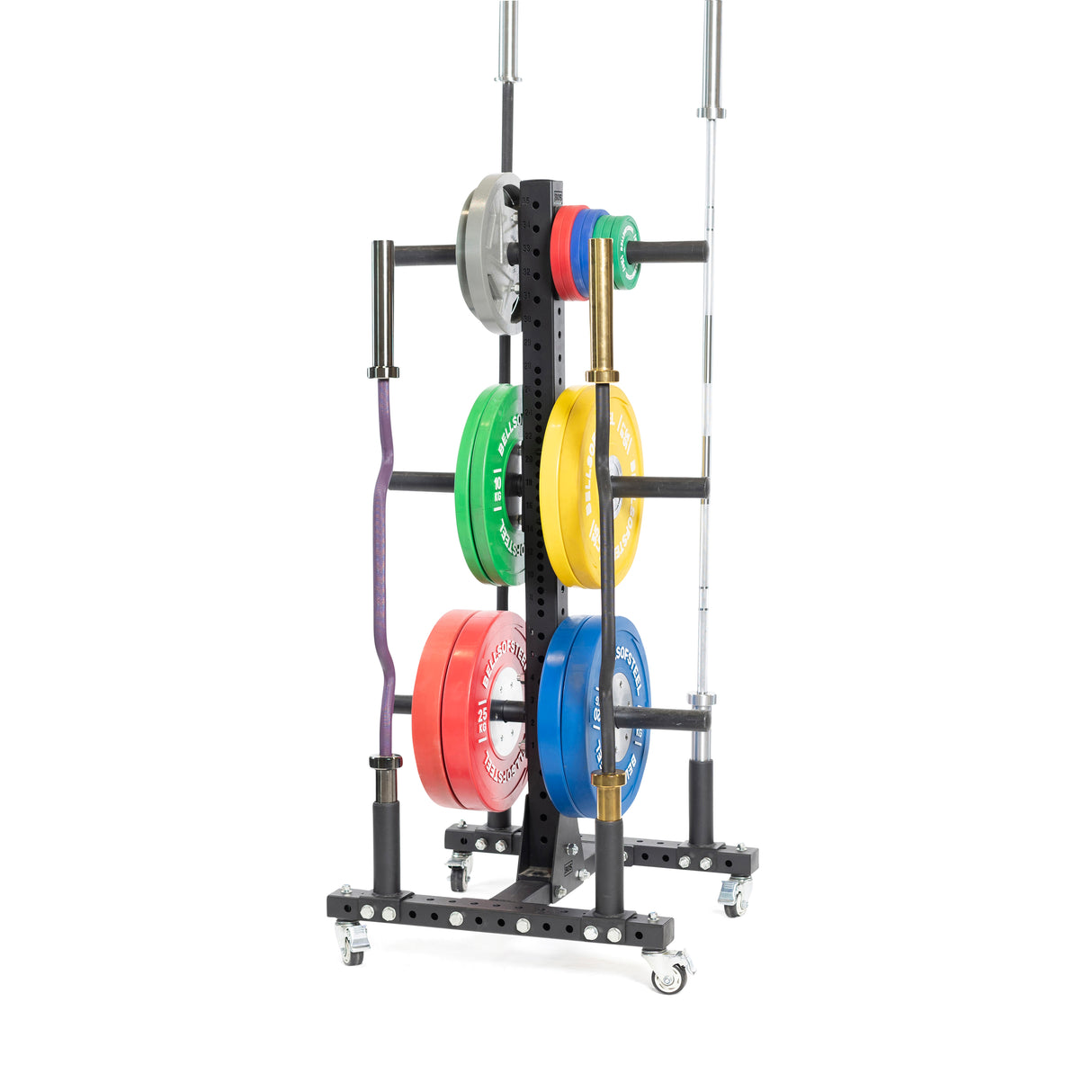 The Hydra Bumper Plate Tree Builder by Bells of Steel is a modular storage unit on wheels for easy mobility, holding colorful plates—red, green, yellow, blue—and two workout bars with a sleek black metal frame.