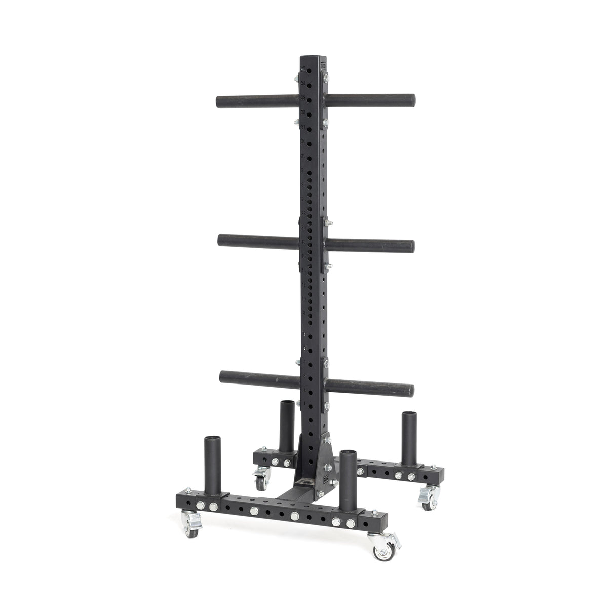 The Bells of Steel Hydra Bumper Plate Tree Builder is a tall, black vertical rack with four horizontal pegs per side for weight storage. Featuring a sturdy base and four wheels, this modular unit suits gym or home fitness use in the Hydra ecosystem.