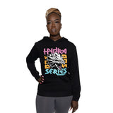 Female model standing while wearing Hydra hoodie and holding her right waist.