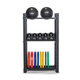 The Bells of Steel Hydra Storage Builder features a modular design that holds two 10-pound medicine balls on top, a row of dumbbells in the middle, and various colored weight plates at the bottom. Its metal frame with adjustable holes is ideal for organizing your home gym.