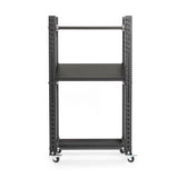 The Hydra Storage Builder by Bells of Steel is a black, adjustable power rack perfect for home gyms. It features multiple holes for customization, a pull-up bar, and modular design with a single shelf. The rack is mounted on wheels for easy mobility.