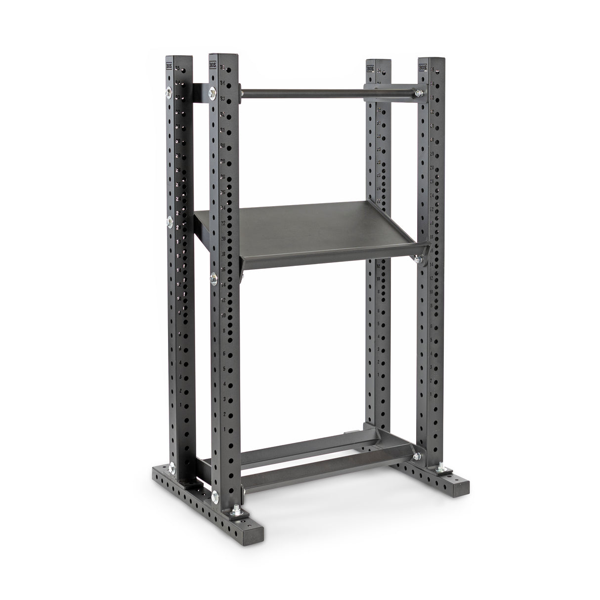 The Hydra Storage Builder by Bells of Steel is a black, industrial-style metal system with adjustable height and perforated sides. Featuring two flat platforms, it's perfect for home gyms or heavy-duty use, offering a sturdy, minimalist design that adapts to your needs.