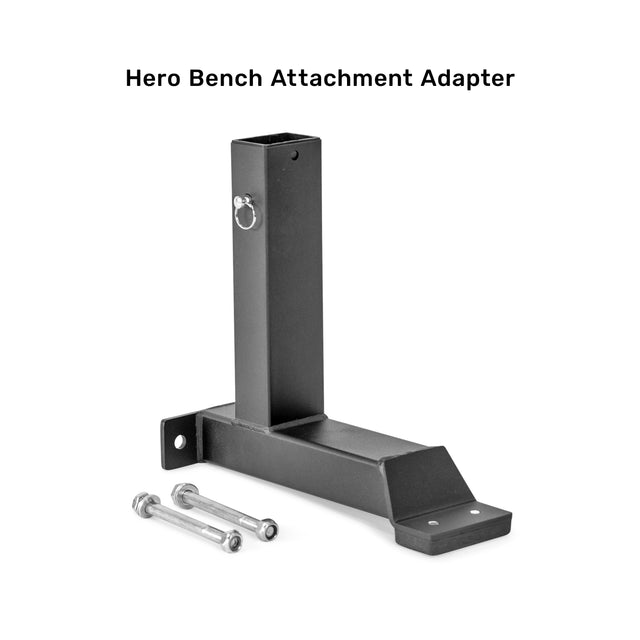 The Bench Attachments by Bells of Steel are designed with a sleek black metal adapter featuring a rectangular base and vertical post, complete with a loop pin. This adapter matches various models and includes two silver bolts with washers, ensuring compatibility and easy installation.