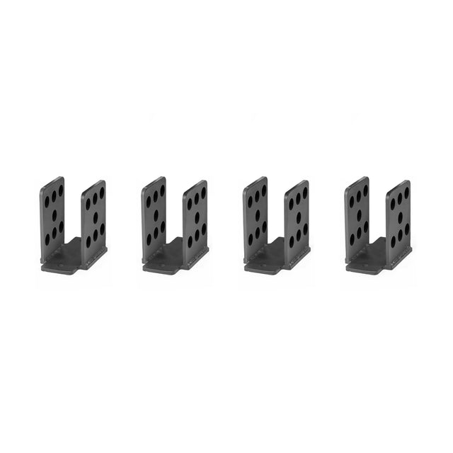 Four black L-shaped metal brackets from Bells of Steel's Folding Rack Wall Connectors & Hinges set, featuring multiple circular holes, are evenly spaced and perfectly aligned in a straight row against a white background.