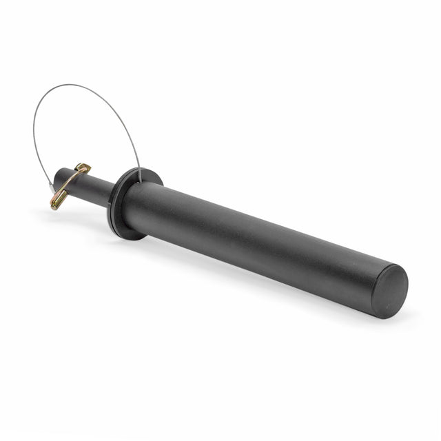 The Utility Horn Rack Attachment by Bells of Steel is a cylindrical black baton with a looped wire on one end and a small brass pin near the top, set against a white background.