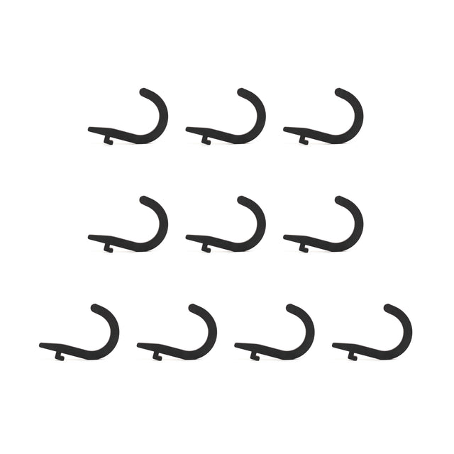 Ten Bells of Steel Canada Utility Hooks, featuring a sleek black, curved design, arranged in a grid pattern on a white background, ideal for efficient gym storage.