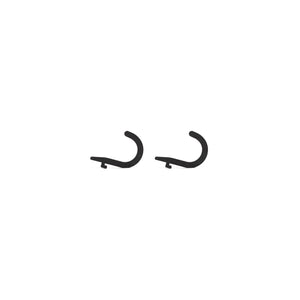 Two Bells of Steel Utility Hooks, small and black, curve toward each other on a plain white background—ideal for organizing gym equipment.