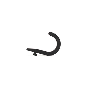 A Bells of Steel Canada black, curved Utility Hook made of plastic, elegantly shaped like a question mark with a slightly extended base, ideal for gym storage solutions, set against a plain white background.