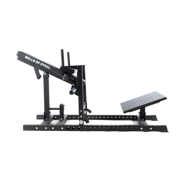 The Bells of Steel Hip Thrust Machine in black and gray features an adjustable frame, footplate, and handles. It doubles as a hip thrust machine for effective lower body and core exercises like back extensions.