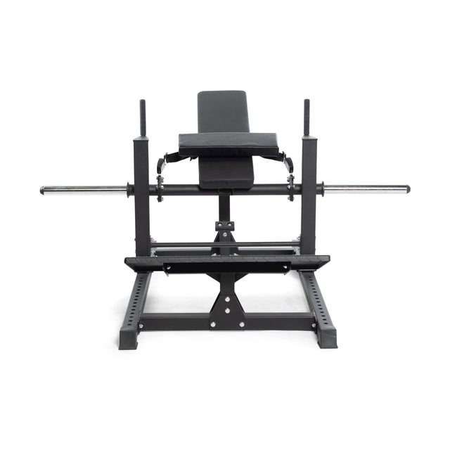 The Bells of Steel Hip Thrust Machine is black with an adjustable padded bench. It features a landmine attachment, bar support holders on each side for weightlifting, and is set against a white background.