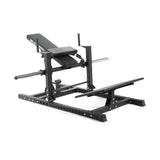 The Bells of Steel Hip Thrust Machine is black with padded supports, adjustable footplates, and belt. It features a sturdy frame with multiple adjustment holes and two foot bars for stability.