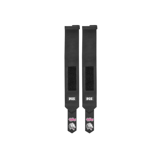 Two black Mighty Wrist Wraps by Bells of Steel, featuring velcro closures, white BOS logos, and pink and white graffiti-style graphics on the ends, displayed side by side on a white background for wrist support.