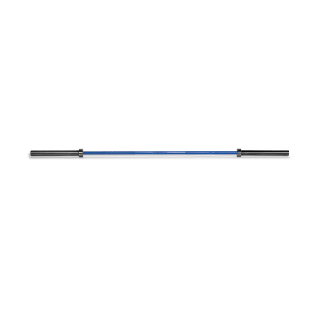 The Bells of Steel Multi-Purpose Olympic Barbell – The Utility Bar is depicted with a blue center section and black grips on both ends, isolated on a white background.