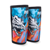 Two vibrant elbow sleeves adorned with a fierce dragon design, featuring blue, orange, and red swirls. The word "BOSTON" is prominently printed at the top. These compression sleeves stand upright, highlighting their bold pattern while providing excellent support. Made by Bells of Steel.