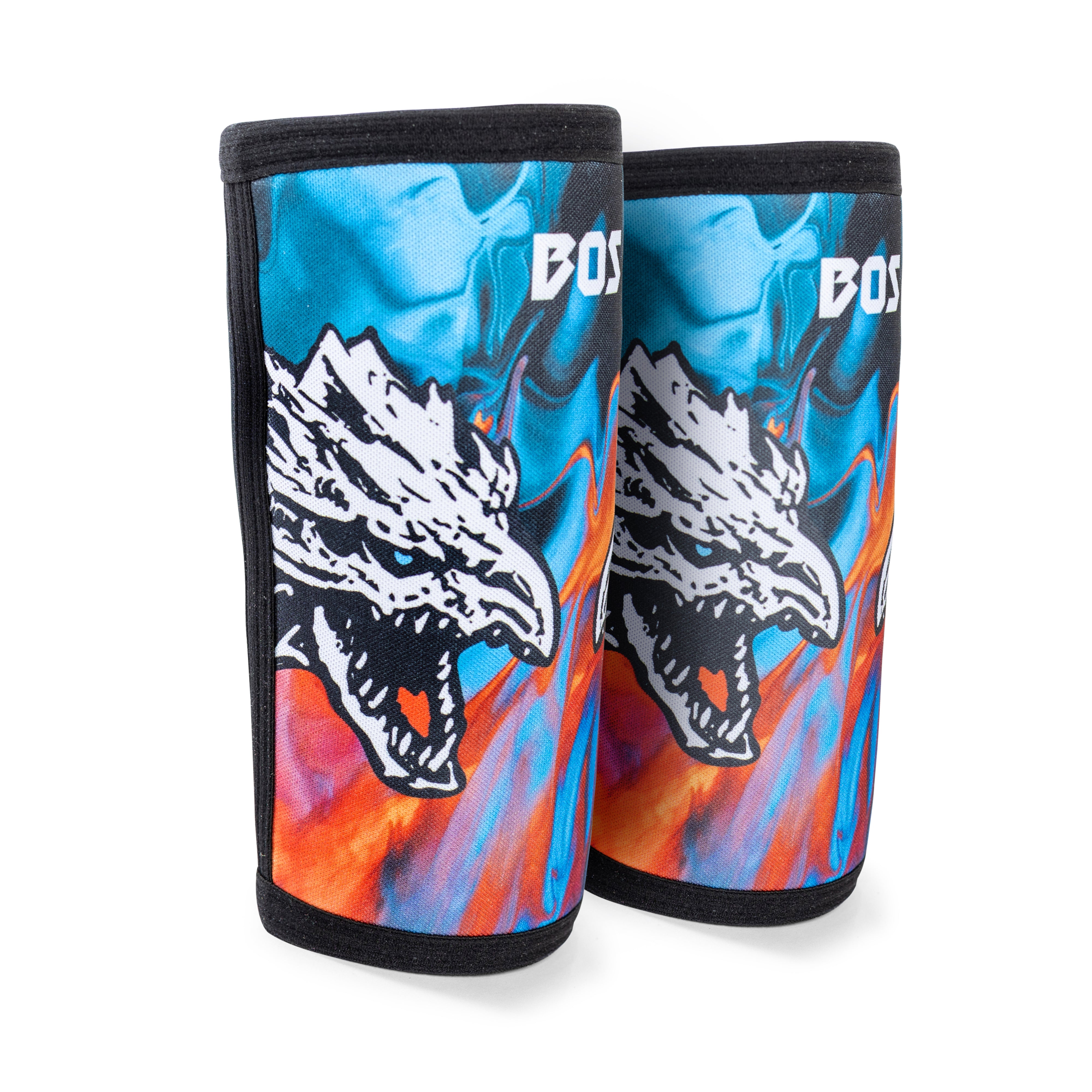 Two vibrant elbow sleeves adorned with a fierce dragon design, featuring blue, orange, and red swirls. The word "BOSTON" is prominently printed at the top. These compression sleeves stand upright, highlighting their bold pattern while providing excellent support. Made by Bells of Steel.